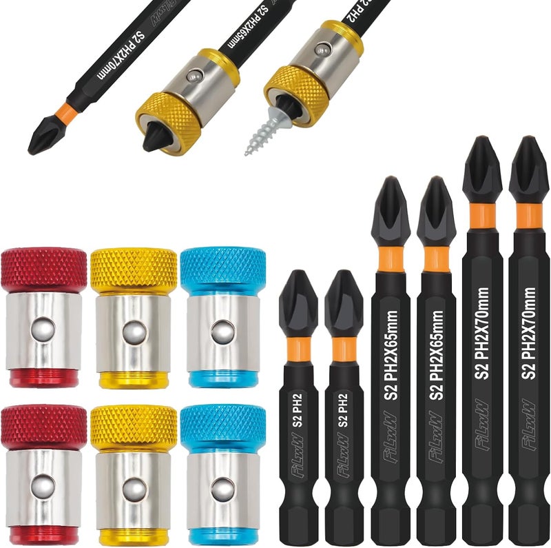 FWW 6 Pieces Strong Magnetic Screw Ring With 6 Pieces Ph2 Screwdriver Bit Set, 1/4 Inch/ 6.35 mm Universal Magnetic Screw Ring Bit for Hex Screwdriver and Power Bits - Image 1